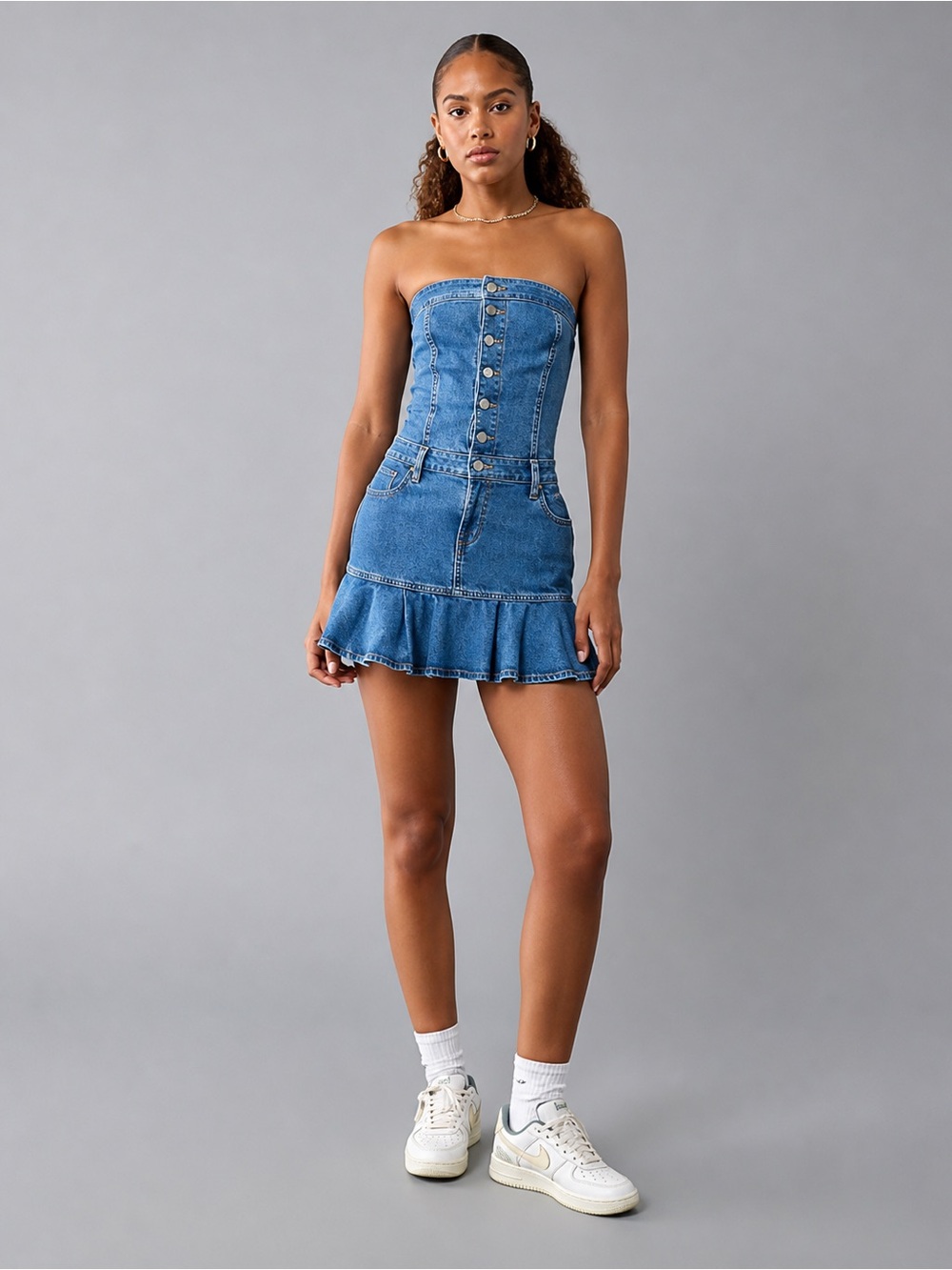 NWOT American Eagle Strapless Drop Waist Pleated Denim Button Up Mini Dress